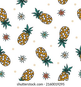 Cute seamless pattern with hand drawn doodle pineapples on white background. Summer food background with funny fruits in sketch style for kids textile, wrapping paper, apparel
