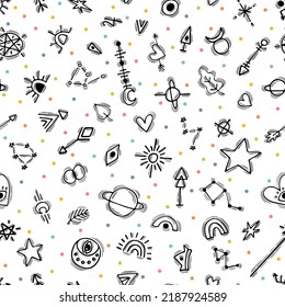 Cute seamless pattern with hand drawn boho elements. Ethnic style. Tribal background. Magic. Vector illustration