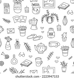 Un patrón impecable de doodles dibujados a mano sobre comodidad en el hogar, cuarentena, trabajo desde el hogar. Aislado sobre fondo blanco.