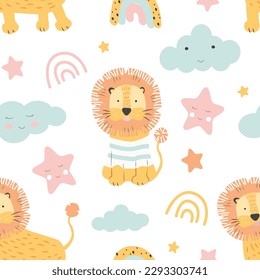 cute seamless pattern with hand drawn lions and rainbows. baby background in flat style, kids pattern for printing on fabric, clothing, wrapping paper