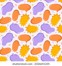 Cute seamless pattern with hand drawn speech bubbles. Backdrop with doodle Oval, round, square, cloud, heart shaped chat cloudsfor text, talk phrases, information. Background for teen design template.