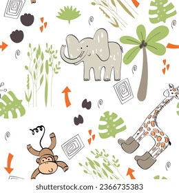 Cute seamless pattern with hand drawn animals. Exotic wallpaper for fabric, wrapping paper, etc