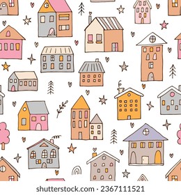 Cute seamless pattern with hand drawn houses. Buildings. Doodle style. Texture for fabric, textile, wrapping, wallpaper. Vector illustration