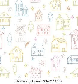 Cute seamless pattern with hand drawn houses. Buildings. Doodle style. Texture for fabric, textile, wrapping, wallpaper. Vector illustration