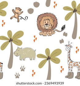 Cute seamless pattern with hand drawn animals. Exotic wallpaper for fabric, wrapping paper, etc