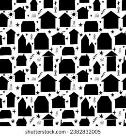 Cute seamless pattern with hand drawn houses. Buildings. Doodle style. Texture for fabric, textile, wrapping, wallpaper. Vector illustration