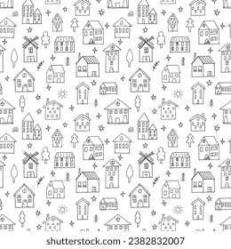 Cute seamless pattern with hand drawn houses. Buildings. Doodle style. Texture for fabric, textile, wrapping, wallpaper. Vector illustration