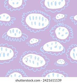 Cute seamless pattern with hand drawn scribble flowers. Spring floral texture for fabric, textile, wallpaper, kids print. Repeating background in pastel purple, blue and white colors