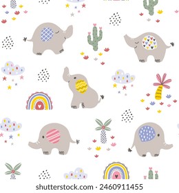 Cute seamless pattern with hand drawn elephants and tropical plants. Vector illustration.