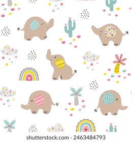Cute seamless pattern with hand drawn elephants and tropical plants. Vector illustration.