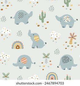 Cute seamless pattern with hand drawn elephants and tropical plants. Vector illustration.