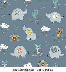 Cute seamless pattern with hand drawn elephants and tropical plants. Vector illustration.