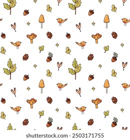 cute seamless pattern with hand drawn mushrooms and leaves with birds, colorful wallpaper for fall print or autumn background