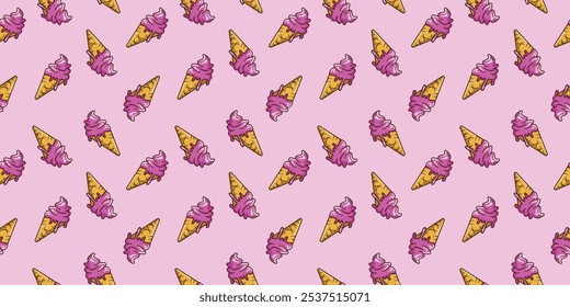 Cute seamless pattern with hand drawn ice cream. Pink melted ice cream motif horizontal wallpaper vector illustration