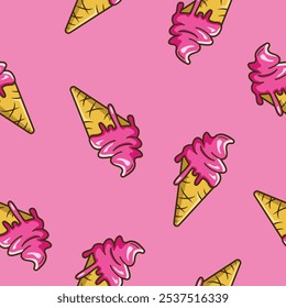 Cute seamless pattern with hand drawn ice cream. Pink melted ice cream motif wallpaper vector illustration