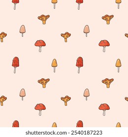 Lindo patrón sin fisuras con hongos dibujados a mano, Fondo de pantalla colorido para la impresión de otoño o fondo de otoño