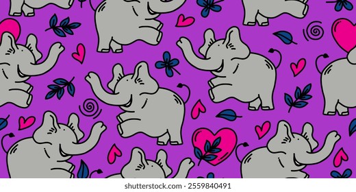 Cute seamless pattern with hand drawn elephants and tropical leaves for kids bedding, fabric,