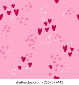 Cute seamless pattern with hand drawn hearts and dots. Valenline and love concept for wallpaper, textile, and wrapping paper.