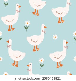 Cute seamless pattern with hand drawn geese and chamomile in blue background. Funny goose with tie bow. Spring summer background. Trendy print for fabric. Vector flat illustration.