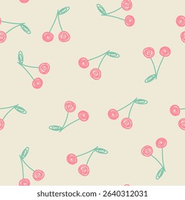 Cute seamless pattern with hand drawn cherries. Design for fabric, gift wrapping paper, clothes, textile, surface textures, scrapbook. Vector illustration.