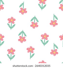 Cute seamless pattern with hand drawn red flowers on white background. Design for fabric, gift wrapping paper, clothes, textile, surface textures, scrapbook. Vector illustration.