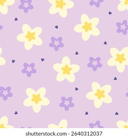 Cute seamless pattern with hand drawn blooming flowers on violet background. Design for fabric, gift wrapping paper, clothes, textile, surface textures, scrapbook. Vector illustration.