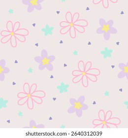 Cute seamless pattern with hand drawn flowers. Design for fabric, gift wrapping paper, clothes, textile, surface textures, scrapbook. Vector illustration.