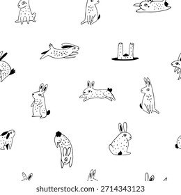 Nettes nahtloses Muster mit handgezeichneten Doodle-Stil Kaninchen und Hasen auf weißem Hintergrund. Schwarzweiß-Design für Drucke und Papierumschläge