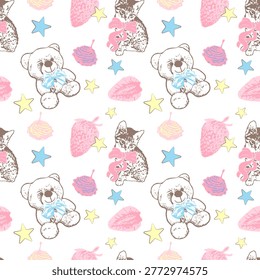 Cute seamless pattern with hand drawn teddy bears, kittens, strawberries and stars. Gentle children's vector illustration for baby birthday decor, nursery wallpaper, textile prints, and gift wrapping paper.