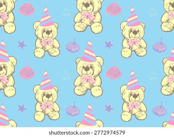 Cute seamless pattern with hand drawn teddy bears in festive party hats, cupcakes and stars. Gentle children's vector illustration for baby birthday wrapping paper, nursery wallpaper, and festive textile prints