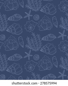 Cute seamless pattern with hand drawn shells and algae. Ocean background. Vector