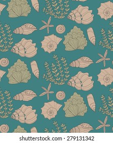 Cute seamless pattern with hand drawn shells and algae. Ocean background. Vector