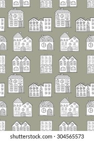 Cute seamless pattern with hand drawn houses. Vector collection