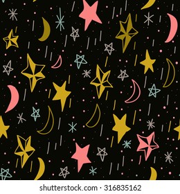 Cute seamless pattern with hand drawn moons and stars. Editable vector illustration. Dark background. Can be used as decoration for the gift boxes, wallpapers, backgrounds, web sites.