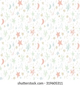 Cute seamless pattern with hand drawn moons and stars. Editable vector illustration. White background. Can be used as decoration for the gift boxes, wallpapers, backgrounds, web sites.
