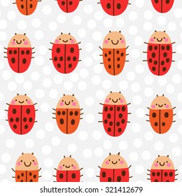 Cute seamless pattern with hand drawn lady bugs in cartoon style. Fun background for kids. 