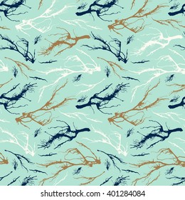 Cute seamless pattern with hand drawn branches in vector on blue isolated background