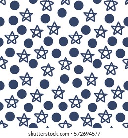 Cute seamless pattern with hand drawn thin line navy blue stars, messy little dots on white background. Confetti background. Vector illustration.