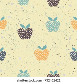 Cute Seamless Pattern. Hand Drawn Apple Design with pastel blue stripes on beige background with tiny dots. Abstract Style Design. Vector Illustration
