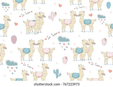 Cute seamless pattern with hand drawn couple of alpacas. Valentine's Day Holiday. Delicate cute design on white background. Great for cards, decor, swatches, fabric, etc. Vector Illustration