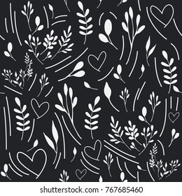 Cute seamless pattern with hand drawn elements. Leaves, hearts and branches. Doodle style. Lovely background