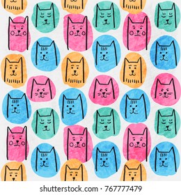 Cute seamless pattern with hand drawn cats and colorful spots on white shabby background. Vector illustration, scandinavian design style. 