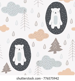 Cute seamless pattern with hand drawn bears, clouds and trees. Scandinavian style design. Vector background image for fabric, textile, scrapbook, baby shower, gift wrapping paper