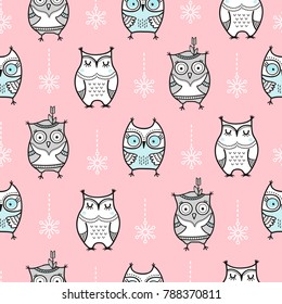 Cute seamless pattern with hand drawn owls. The pattern can be repeated without any visible seams