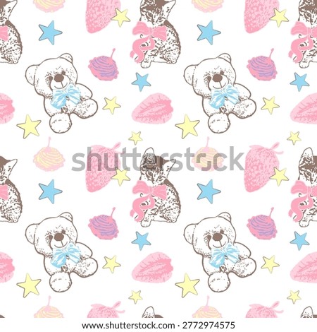 Cute seamless pattern with hand drawn teddy bears, kittens, strawberries and stars. Gentle children's vector illustration for baby birthday decor, nursery wallpaper, textile prints, and gift wrapping paper.