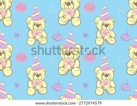 Cute seamless pattern with hand drawn teddy bears in festive party hats, cupcakes and stars. Gentle children's vector illustration for baby birthday wrapping paper, nursery wallpaper, and festive textile prints