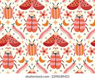 Cute seamless pattern with hand-drawn bugs and floral elements. Vector summer botanical background.