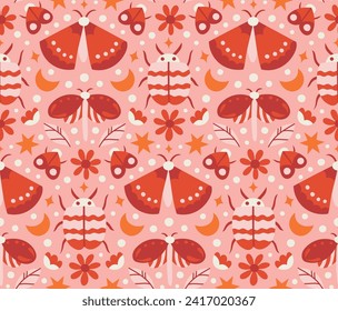 Cute seamless pattern with hand-drawn bugs and floral elements. Vector summer botanical background.