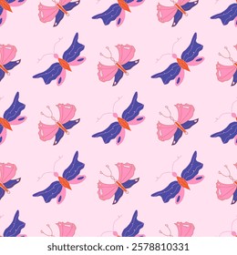 Cute seamless pattern with hand-drawn butterflies in dark blue and pink shades on a pastel pink background