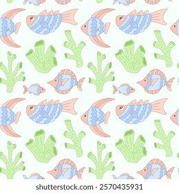 Cute seamless pattern with hand-drawn cartoon fish and corals